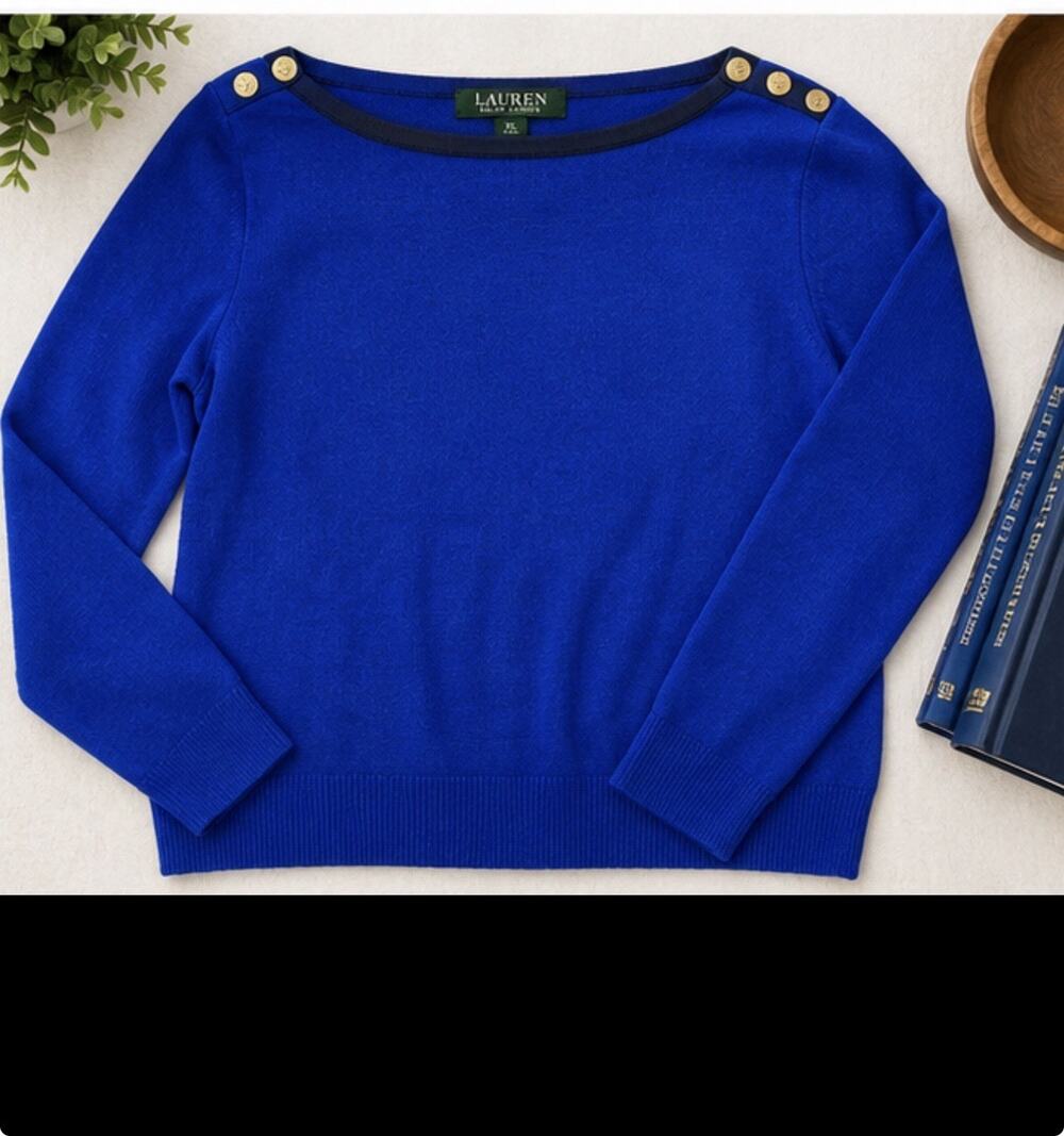 Lauren Ralph Lauren Blue Sweater Gold Shoulder Buttons Women’s XL